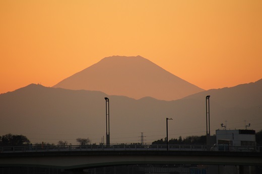 鶴見川土手からの夕焼けに染まる富士山３